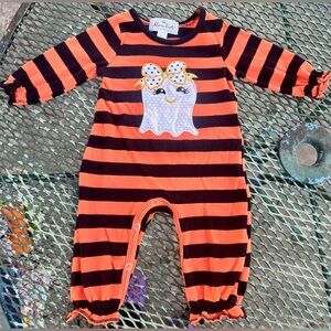 Baby girl ghost bow Halloween romper 3-6 month orange black stripe polka dot